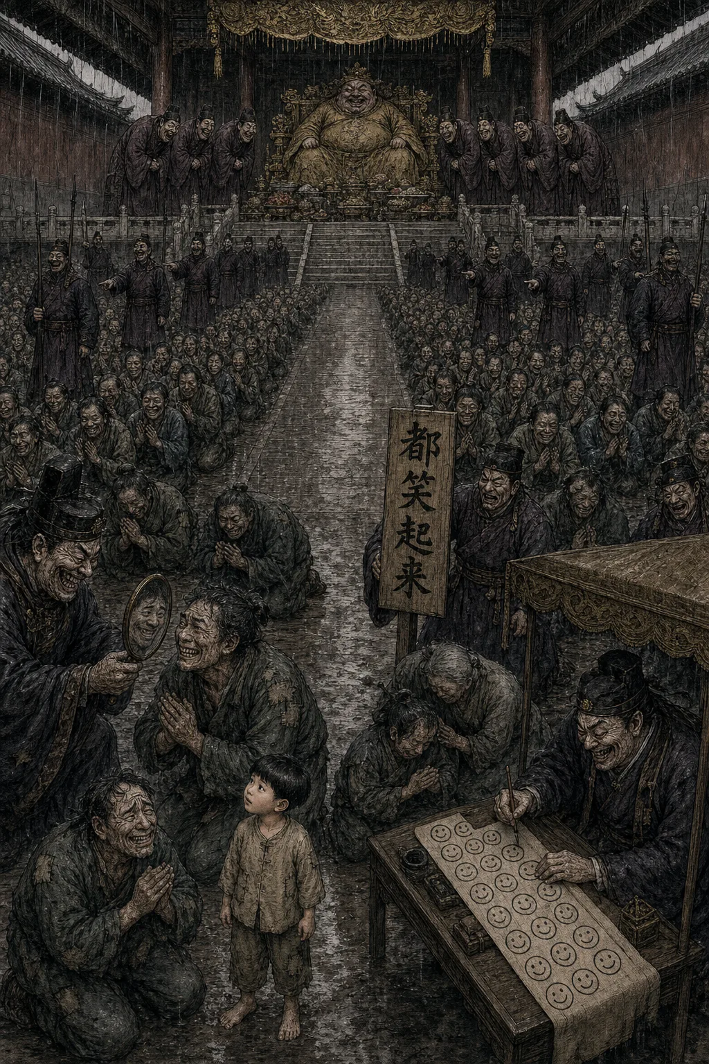 虚构讽刺画《奉旨欢喜》：主人高坐干燥的台上，官吏分层站立，众人在雨中泥地跪拜强笑，胥吏记录满纸笑脸；牌子写着都笑起来。
