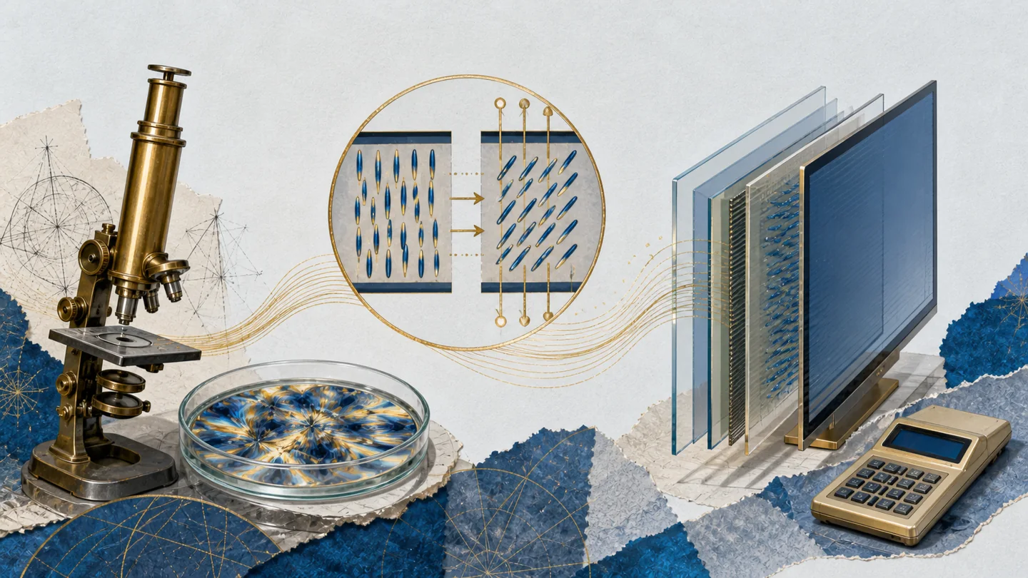 液晶：从有序分子到显示屏的概念插画