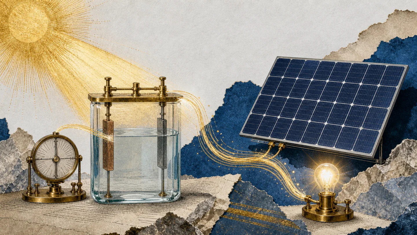 光伏效应：从光照实验到太阳能电池的概念插画